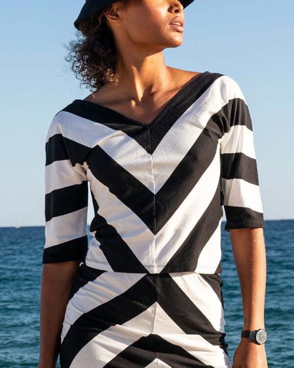 black and white striped Melio t-shirt